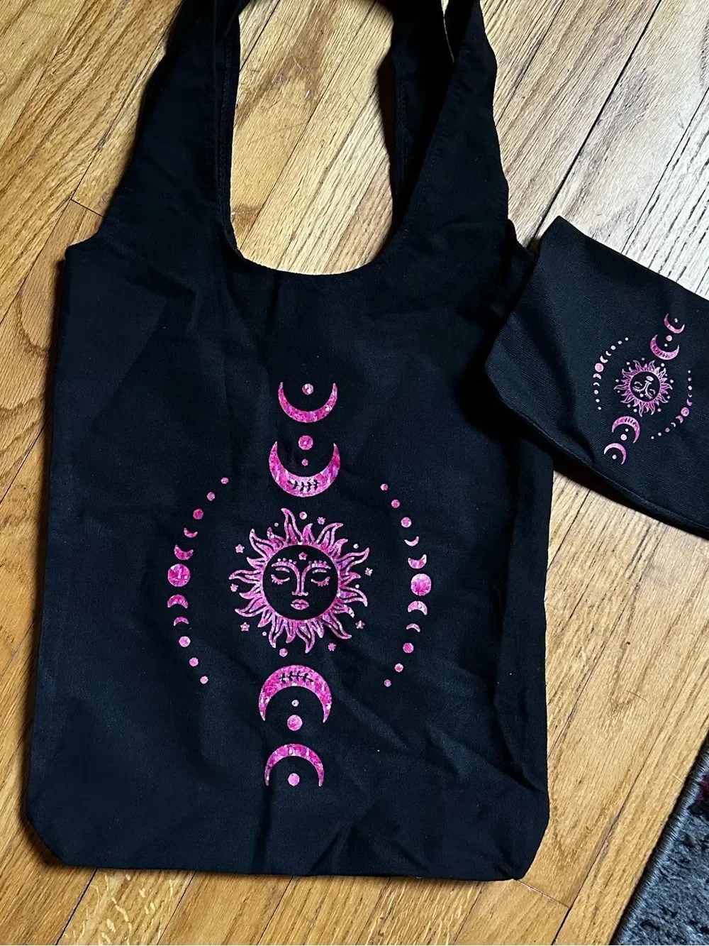 Black Tote & matching coin purse with Pink Sun & Moon Design